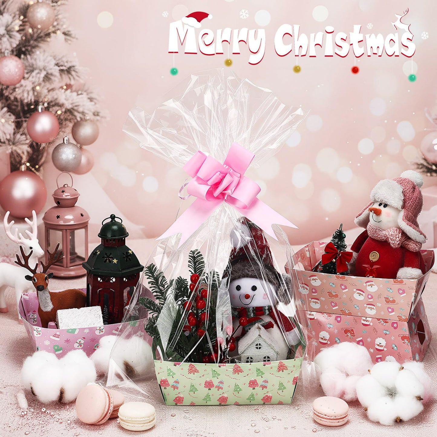 Cholemy 72 Pcs Christmas Gift Baskets Empty to Fill Kit DIY Basket for Gifts Empty Bulk 24 Tray Favor with Handles 24 Bows 24 Clear Basket Bags for Xmas Holiday Birthday (Candy Style)