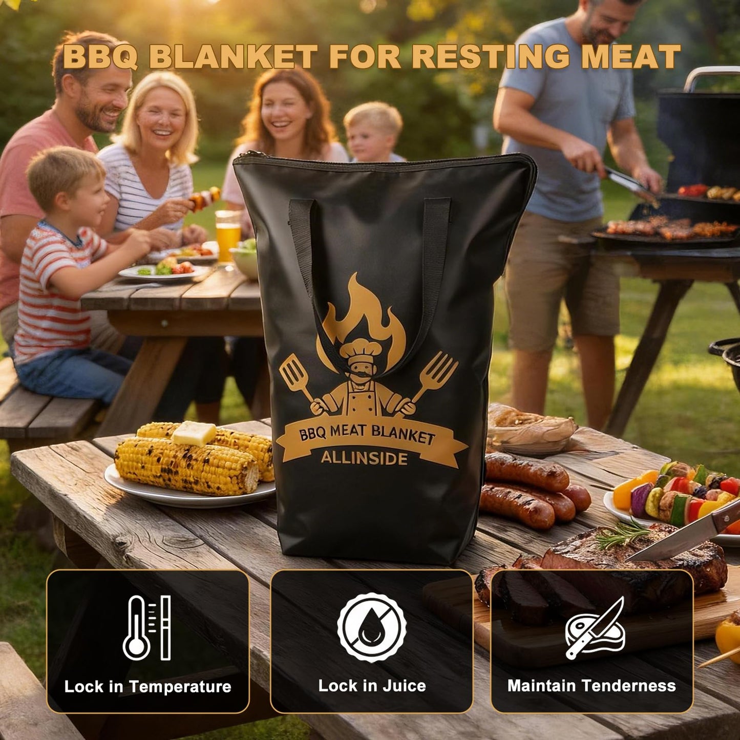 Allinside BBQ Blanket for Resting Meat - Extra Large Insulated Meat Resting Bag with Meat Shredder Claw, Grill Tongs, Butcher Paper, Greeting Card & Lanyard | Professional Grilling Kit for Smoker