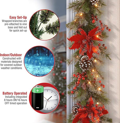 National Tree Company Pre-Lit Artificial Christmas Garland, Green, Evergreen, White Lights, Decorated With Plaid Bows, Berry Clusters, Pine Cones, Plug In, Christmas Collection, 9 Feet