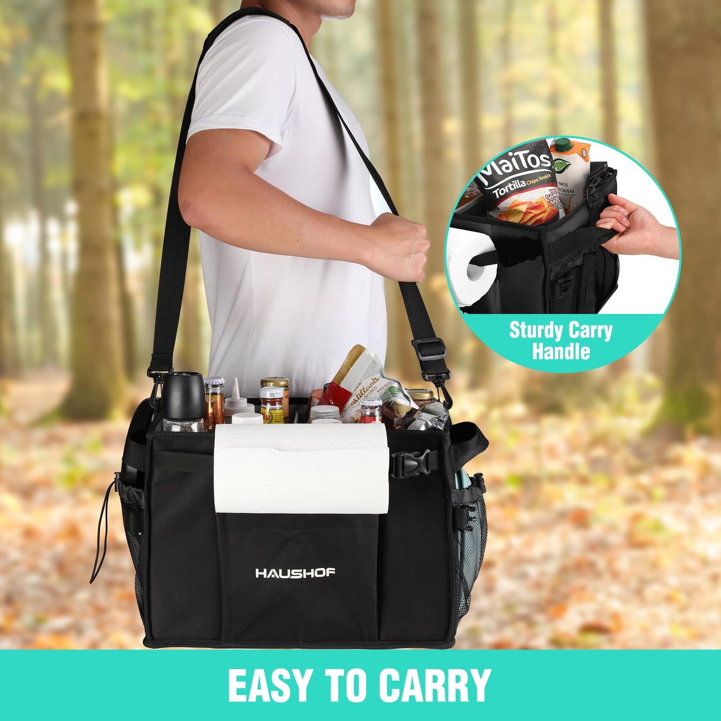 HAUSHOF Large Grill and Picnic Caddy with Paper Towel Holder, Condiment Pocket, Foldable BBQ Organizer Easy Carry Griddle Caddy for Camping, RV, Outdoor Waterproof Oxford Cloth (Black)