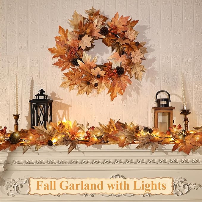 9 FT Fall Garland with Lights Timer Function Autumn Fall Leaves Garland with Berries Pine Cones Realistic Automatic ON/Off Timer Fall Decorations for Home Mantle Fireplace Porch Door Table