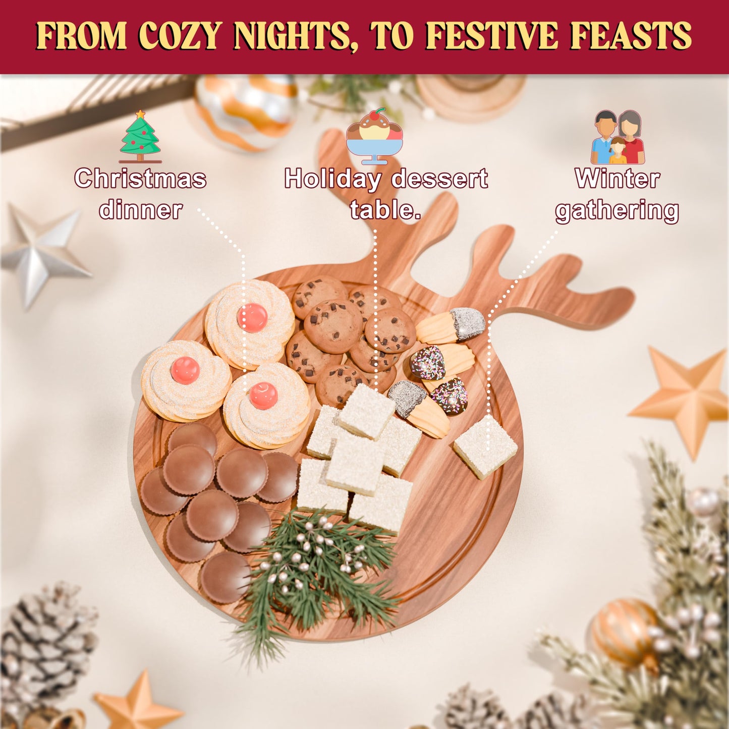 New – Reindeer Charcuterie Board – Acacia Wood Christmas Cutting Board (17x13in) Holiday Serving Tray, Winter Cheese Board, Wooden Christmas Platter & Kitchen Decor Gift for Festive Entertaining