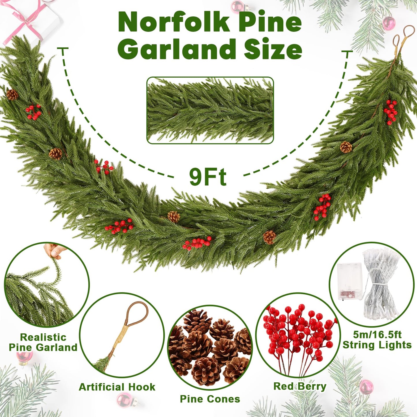 9FT Artificial Norfolk Pine Garlands - Real Touch Winter Pine Garland, Green Artificial Greenery Garland for Mantle, Table, Wall, Indoor & Outdoor Fireplace Christmas Decorations