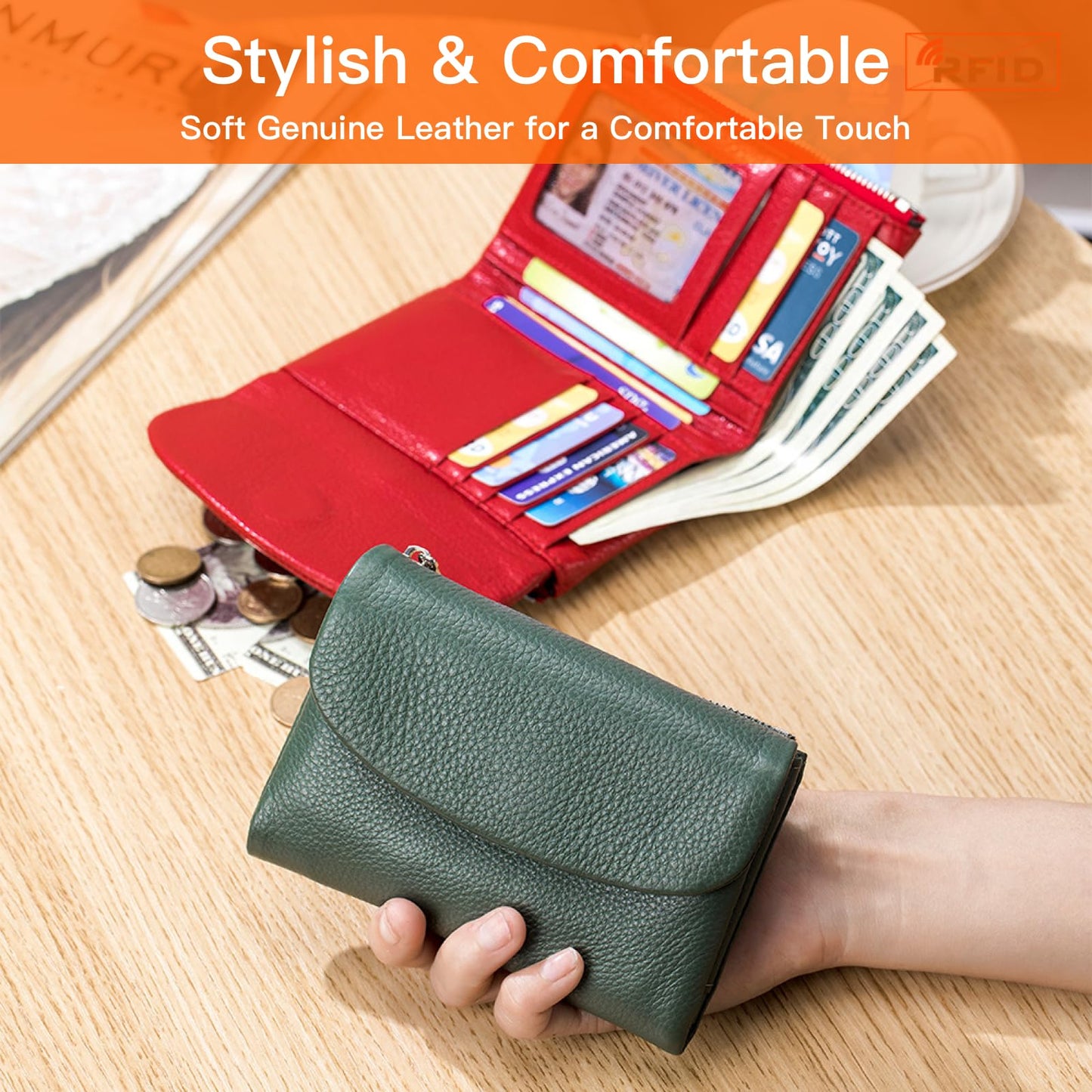 Genuine Leather Wallet for women, RFID Blocking Soft Leather Bifold Compact Card Holder Wallet with Zipper Coin Pocket ID Window (Black)