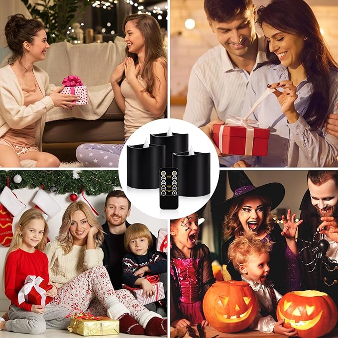 3inch Black Pillar Flameless Candles - 3D Flickering, Remote Timer, Battery Operated, 600+ Hours, Halloween & Gothic Themed Decor (Black, 3"*3"-3pcs)