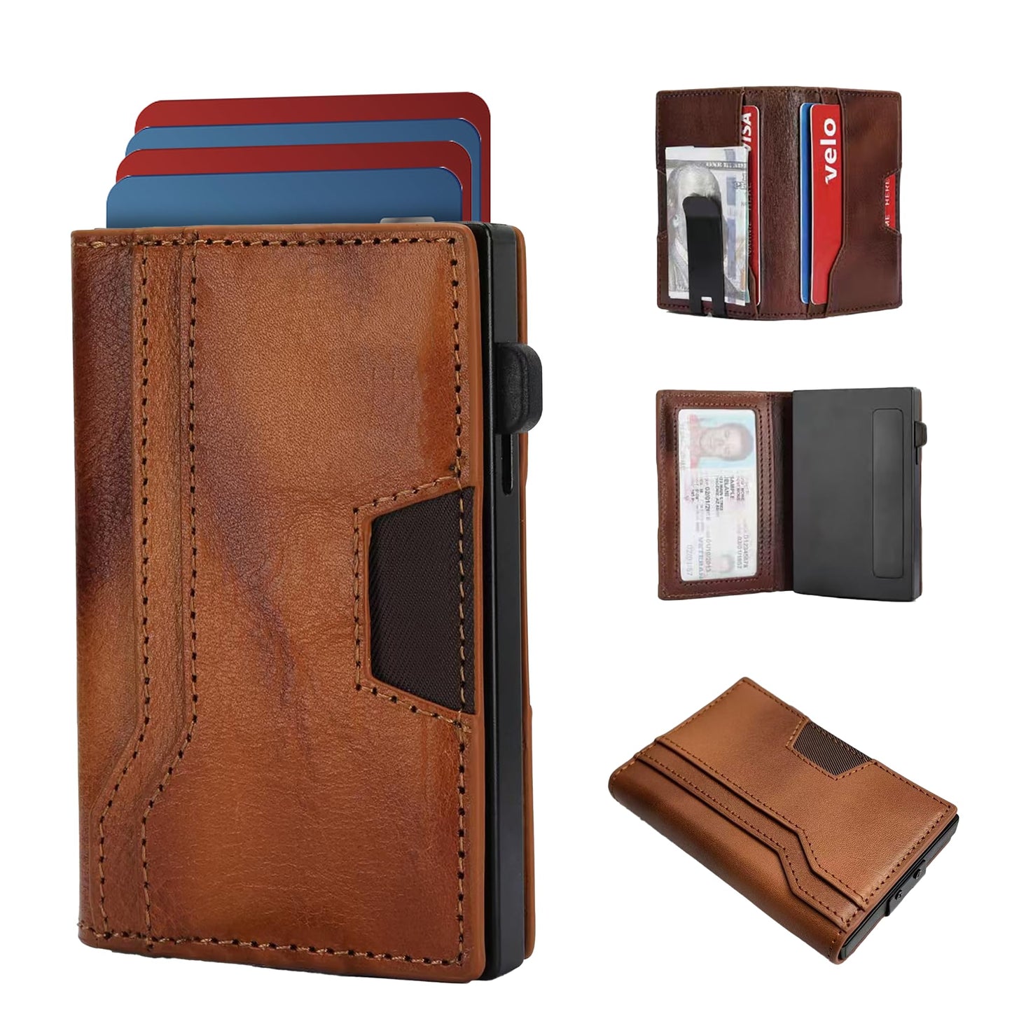RFID Blocking Wallet for Men, Aluminum Pop Up Credit Card Holder with Money Clip,Holds 10+ Cards Slim Leather Minimalist Front Pocket Wallet, Gifts for Men