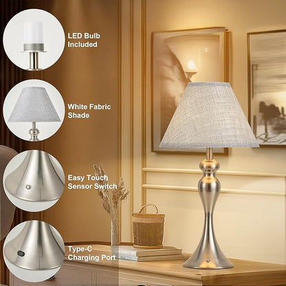 Cordless Bedside Lamp for Living Room, Table Lamp for Bedroom, 3-Way Dimmable Nightstand Lamp with Fabric Shade, Rechargeable Touch Led Desk Lamp Battery Operated Lamp for Dorm, Home Office (Nickel)