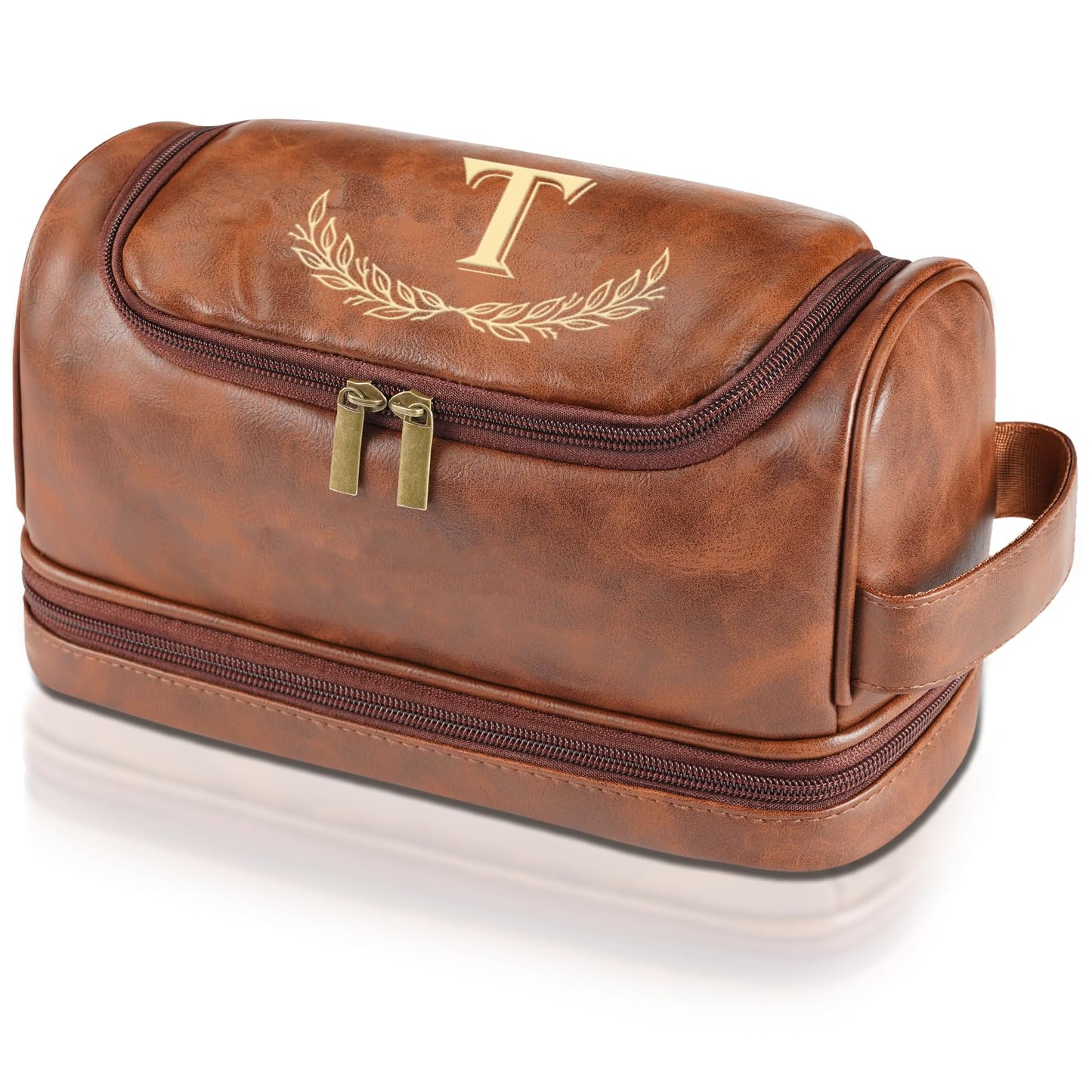 Sparklove Personalized Gifts for Men - Personalized Initial Toiletry Bag with Laser Engraved Monogram - Leather Travel Kit Shaving Organizer - Unique Present for Him, Husband, Boyfriend, Dad （T）