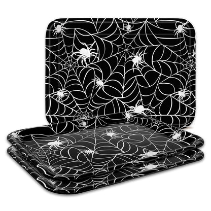 Whaline 3 Pcs Halloween Serving Trays Black White Spider Webs Reusable Melamine Trays Platters for Movie Night Birthday Holiday Party Food Supplies, 10 x 13 Inch
