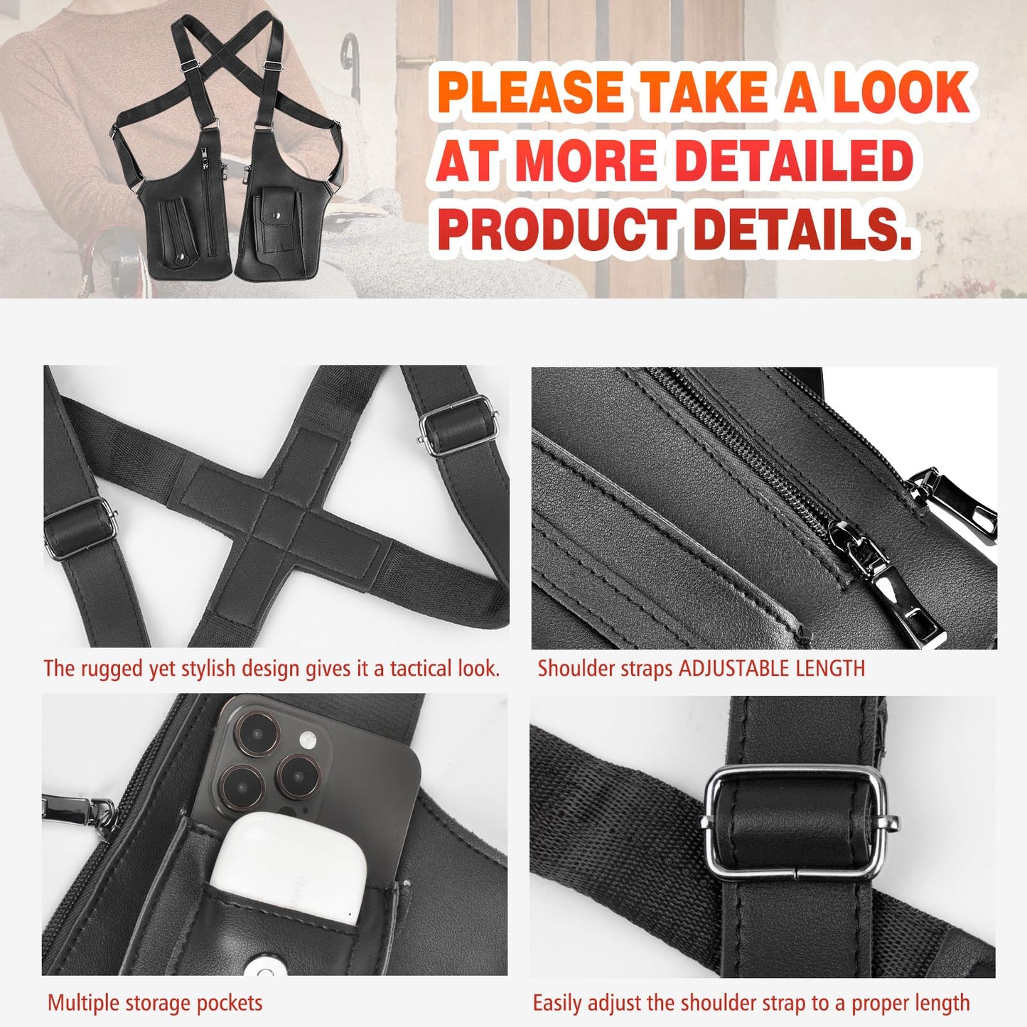 BIFENGSHUNCAI Double Shoulder Armpit Bagm, Mens Leather Shoulder Holster Bag with Anti-Theft Hidden Adjustable Strap Holster, Multi-Pocket Outdoor Water Resistant Crossbody Pack (Black)