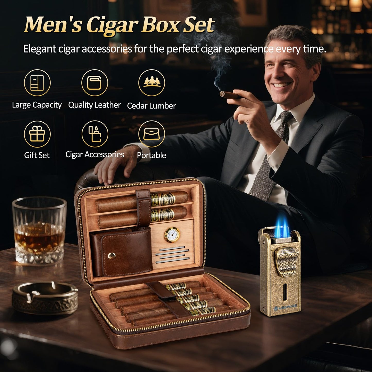 USEWIRE Cigar Humidor, Cedar Wood Leather Cigar Box Set with Cigar Lighter, Cigar Humidifier and Cedar Tray, Portable Travel Cigar Case for 7 Cigars, Men's Cigar Accessory Gift (No Butane)