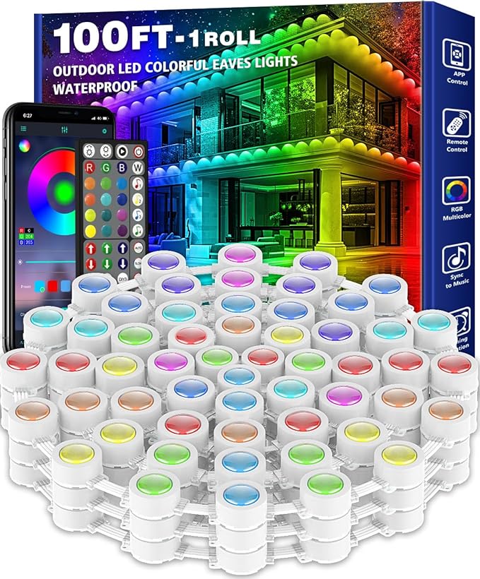 SINLEY Permanent Outdoor RGB Lights,Waterproof Smart LED Eaves Lights with App/Remote Control,for Christmas and All Holiday Decor,Daily and Accent Lighting,House Roof and Garden Lighting (100FT)