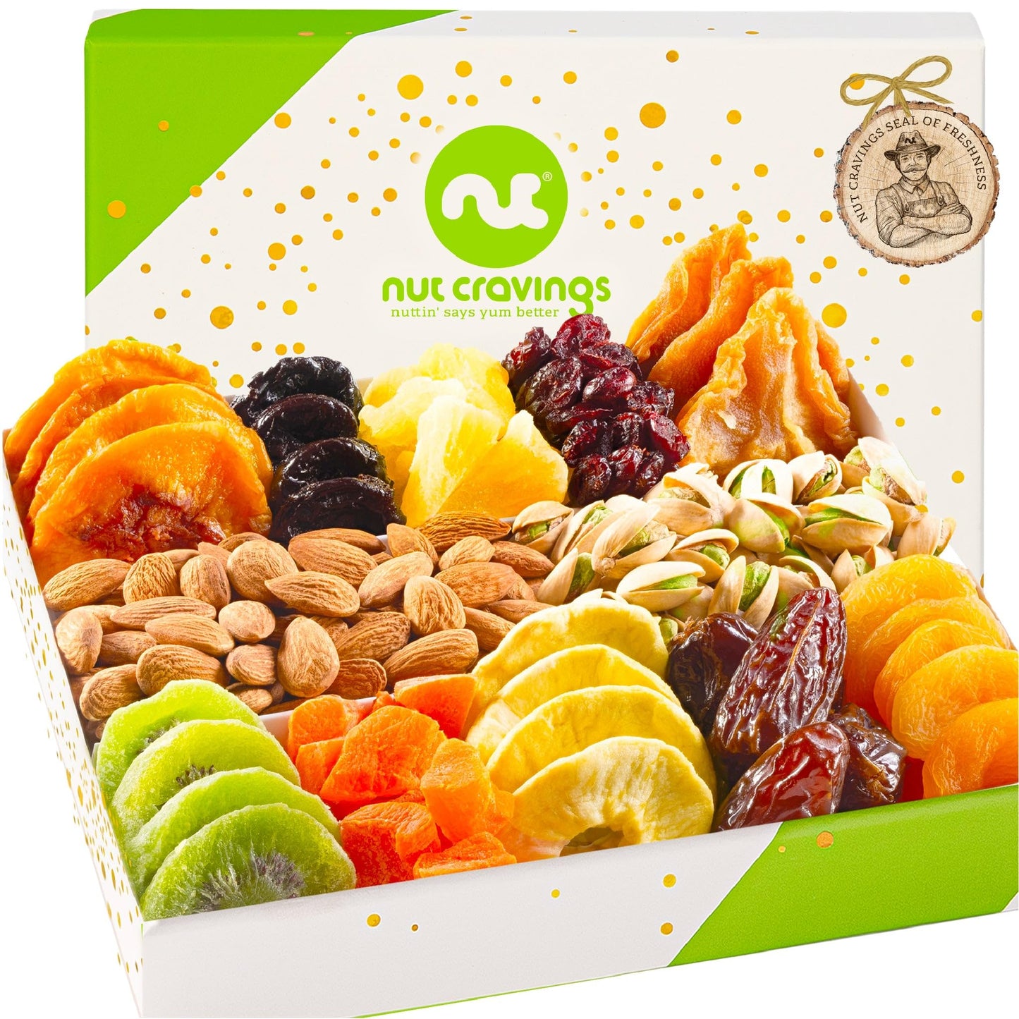 NUT CRAVINGS - Dried Fruit & Mixed Nuts Gift Basket in White Gold Box (12 Assortments) Food Arrangement, Healthy Snack Care Package,