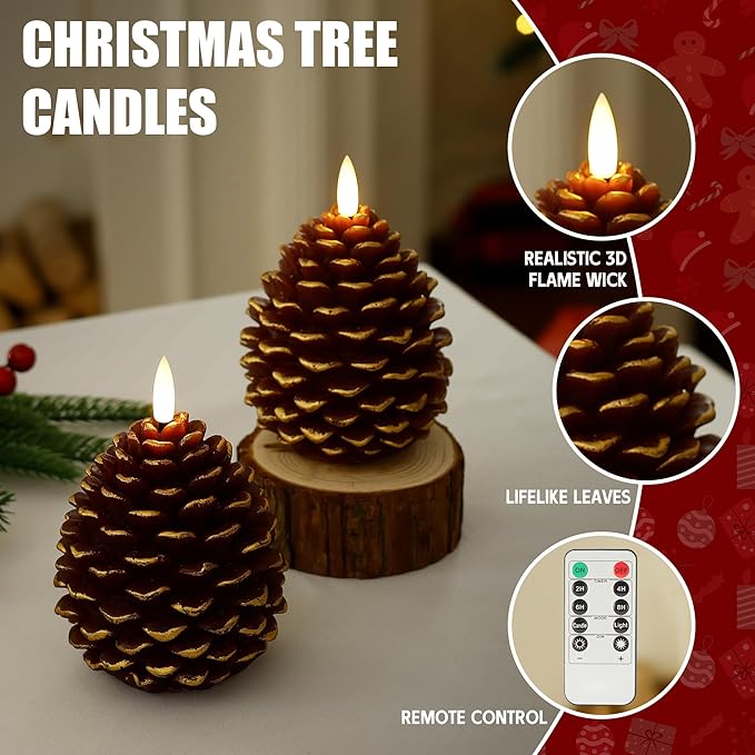Battery Operated Christmas Candles with Remote and Timer, 2 Pack LED Flameless Pinecone Candles, Flickering Wick Real Wax Pine Cone Candle for Xmas Holiday Fireplace Decoration