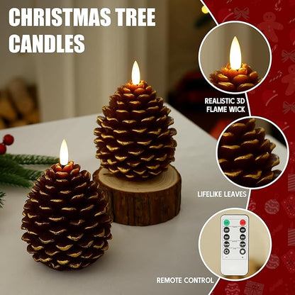 Battery Operated Christmas Candles with Remote and Timer, 2 Pack LED Flameless Pinecone Candles, Flickering Wick Real Wax Pine Cone Candle for Xmas Holiday Fireplace Decoration