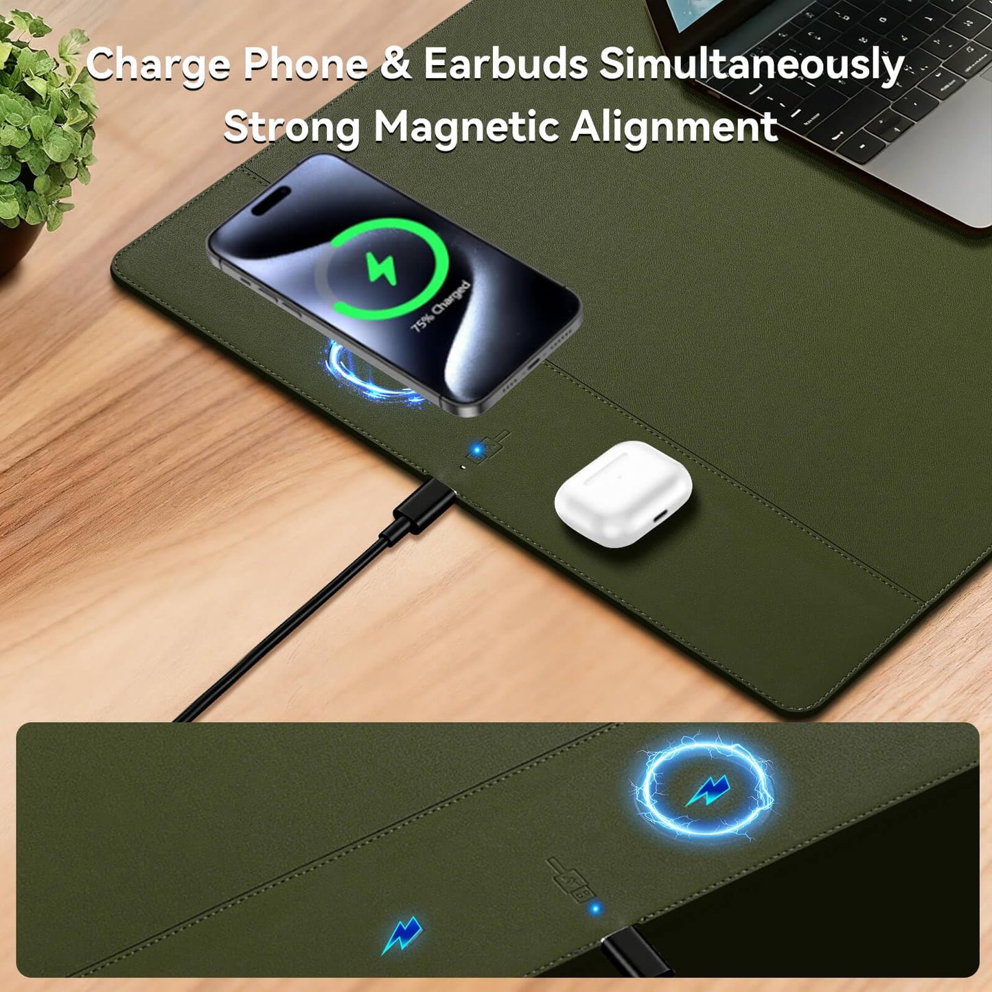Hi-HONX Wireless Charging Mouse Pad, 15W Fast Charge Magnetic Charger Desk Pad, Large Office Desk Mat (31"x11.7") with Ultra-Smooth Surface, Green Computer Mousepad for MacBook, PC, Laptop