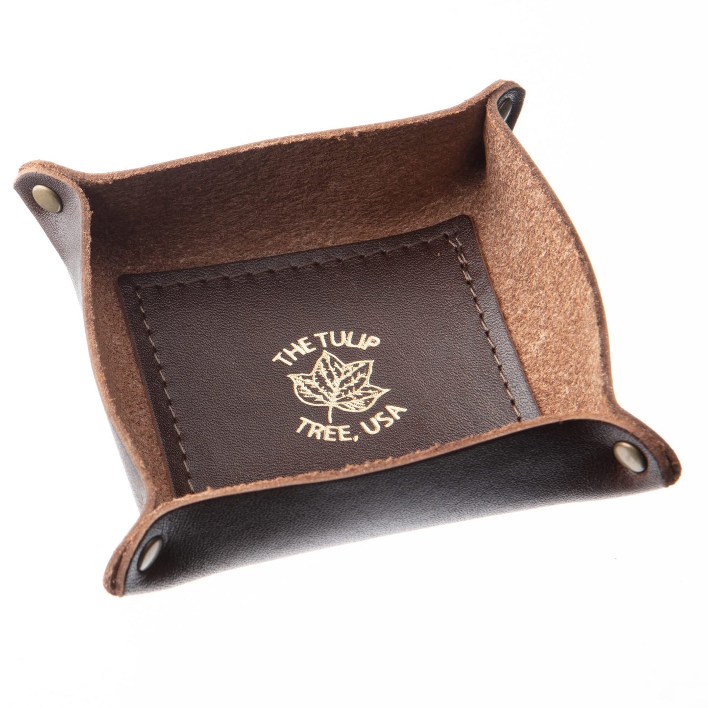 USA Handmade Premium Leather Valet Tray, Jewelry Organizer With Brass Rivets (Dark Walnut Brown, Mini)