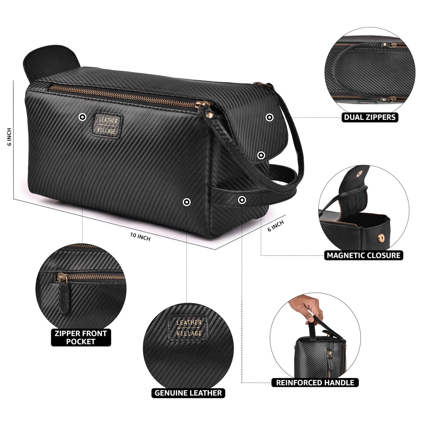 LEATHER VILLAGE Genuine Carbon Fiber Genuine Leather Travel Toiletry Bag - Large Dopp Kit, Water-Resistance Bathroom & Shaving Organizer for Men & Women - Black