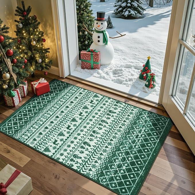 2025 Christmas Rugs for Entryway, 2x3 Washable Door Mat Indoor Entrance, Low Pile Soft Non Slip Green Kitchen Rug, Xmas Holiday Decor Floor Carpet for Bedroom Bathroom Laundry Bedside Sink