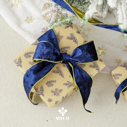 MEEDEE Navy Blue and Gold Velvet Ribbon 2.5 inch Thick Velvet Wired Edge 10 Yards Spool Two Tone Ribbon for Christmas Tree, Gift Wrapping, Wreaths, Bows, Swags, Crafts Supply