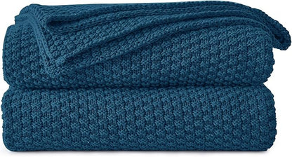 Longhui bedding Blue Knitted Throw Blanket for Couch - Soft, Cozy Machine Washable 100% Cotton Sofa Knit Blankets, Heavy 3.0lb Weight, 50 x 60 Inches, Laundry Bag Included