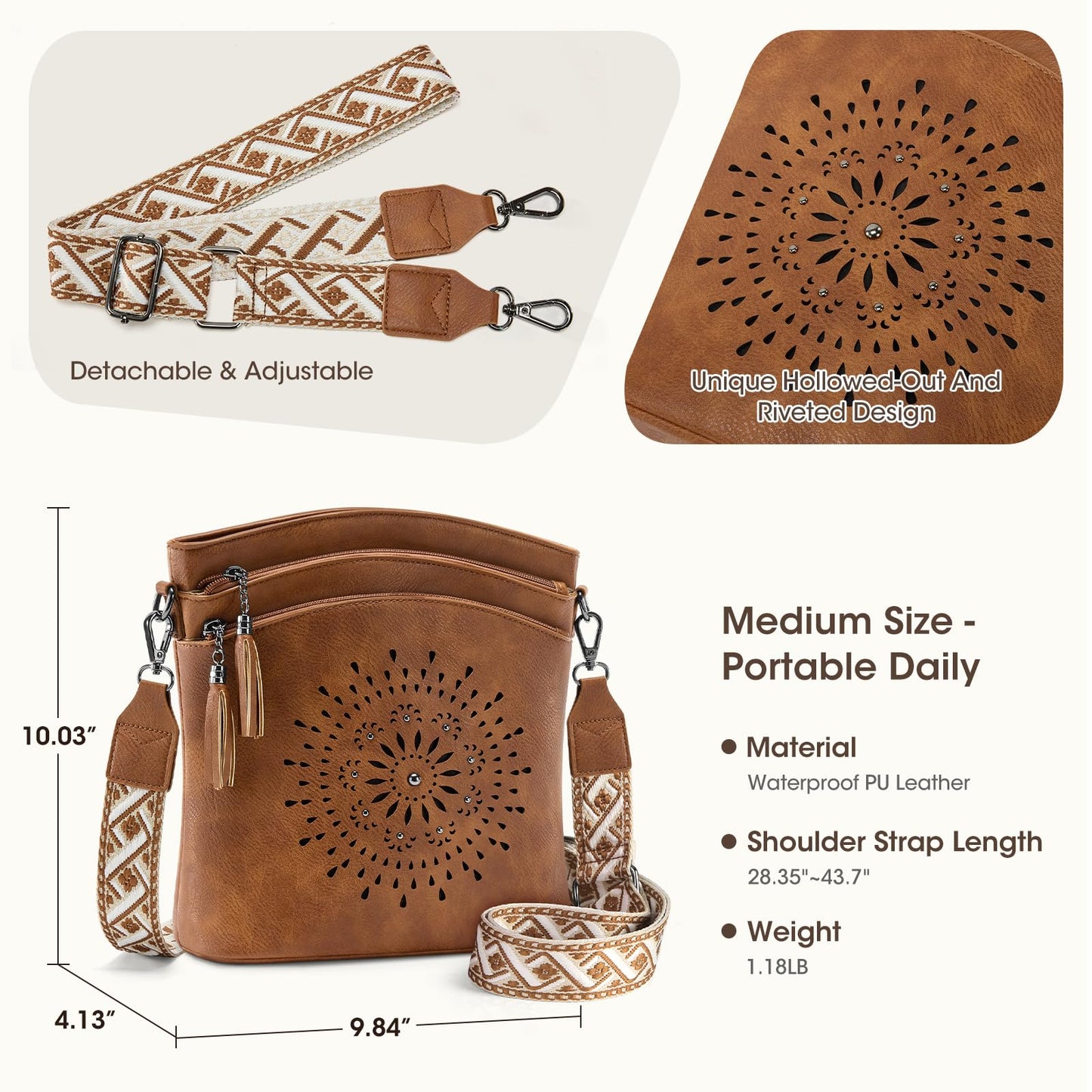 RAINSMORE Women's Medium Leather Crossbody Bag - Lightweight Purse for Weekend Shopping, Everyday Outings, Travel, Designer Trendy Shoulder Handbags with Adjustable Guitar Strap, Multiple Pockets