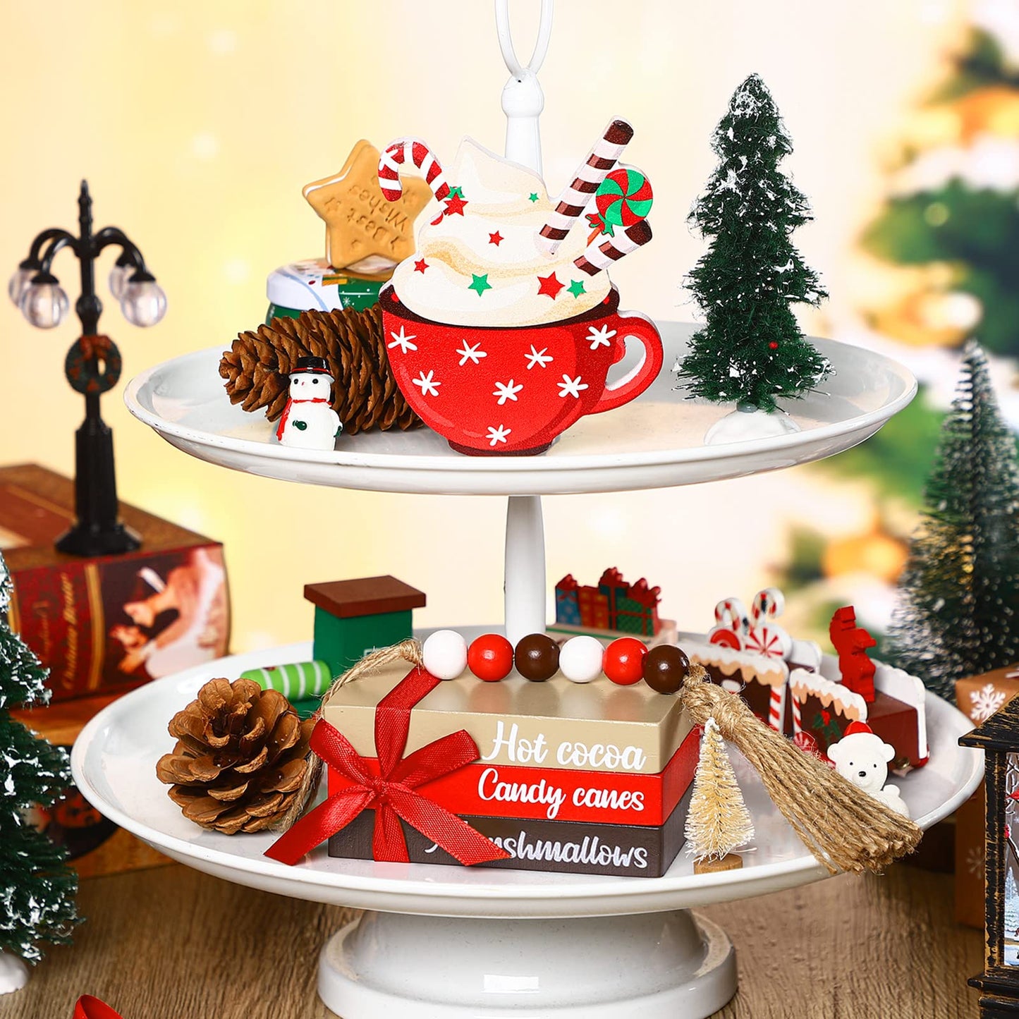 Bucherry 5 Pieces Christmas Farmhouse Tiered Tray Decor Winter Hot Cocoa Wood Decorative Stack Book Decor with Bead Garland for Home(Coffee)