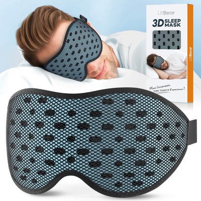 LitBear Breathable Sleep Mask, 3D Eye Mak Sleep for Side Sleepers Women Men, Light Blocking Sleeping Mask with Adjustable Strap, Soft Lightweight Eye Cover for Travel, Night Work, Nap, Office - Blue