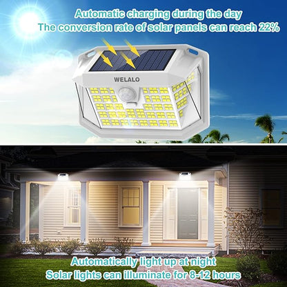 WELALO Solar Motion Sensor Lights Outdoor, [3 Modes/4 Pack/188 LED] 270° Wide Angle Lighting, Security Solar Powered Wall Lights, IP65 Waterproof Flood Lights for Fence Porch Yard Patio(White)