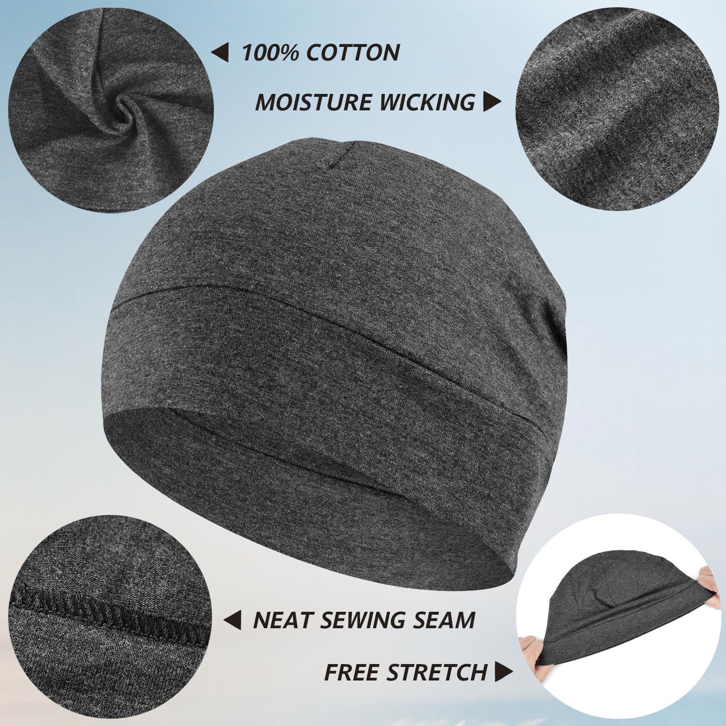 100% Cotton Skull Caps Beanie Sleeping Hats for Men Women 4-Pack Multi