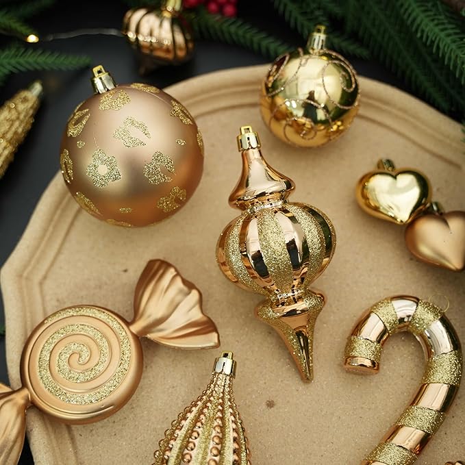 SHareconn 145pcs Christmas Balls Ornaments Set, Shatterproof Plastic Baubles Snowflakes, Stars and Tree Topper for Xmas Tree Holiday Wedding Party Decorations with Hanging Strings, Bronze Gold