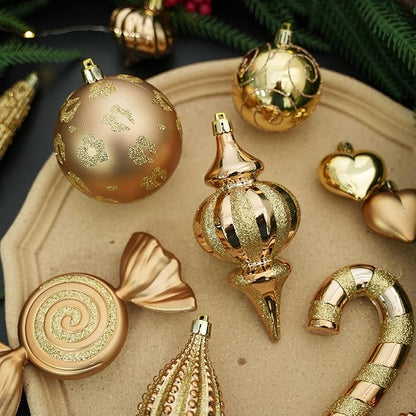 SHareconn 145pcs Christmas Balls Ornaments Set, Shatterproof Plastic Baubles Snowflakes, Stars and Tree Topper for Xmas Tree Holiday Wedding Party Decorations with Hanging Strings, Bronze Gold