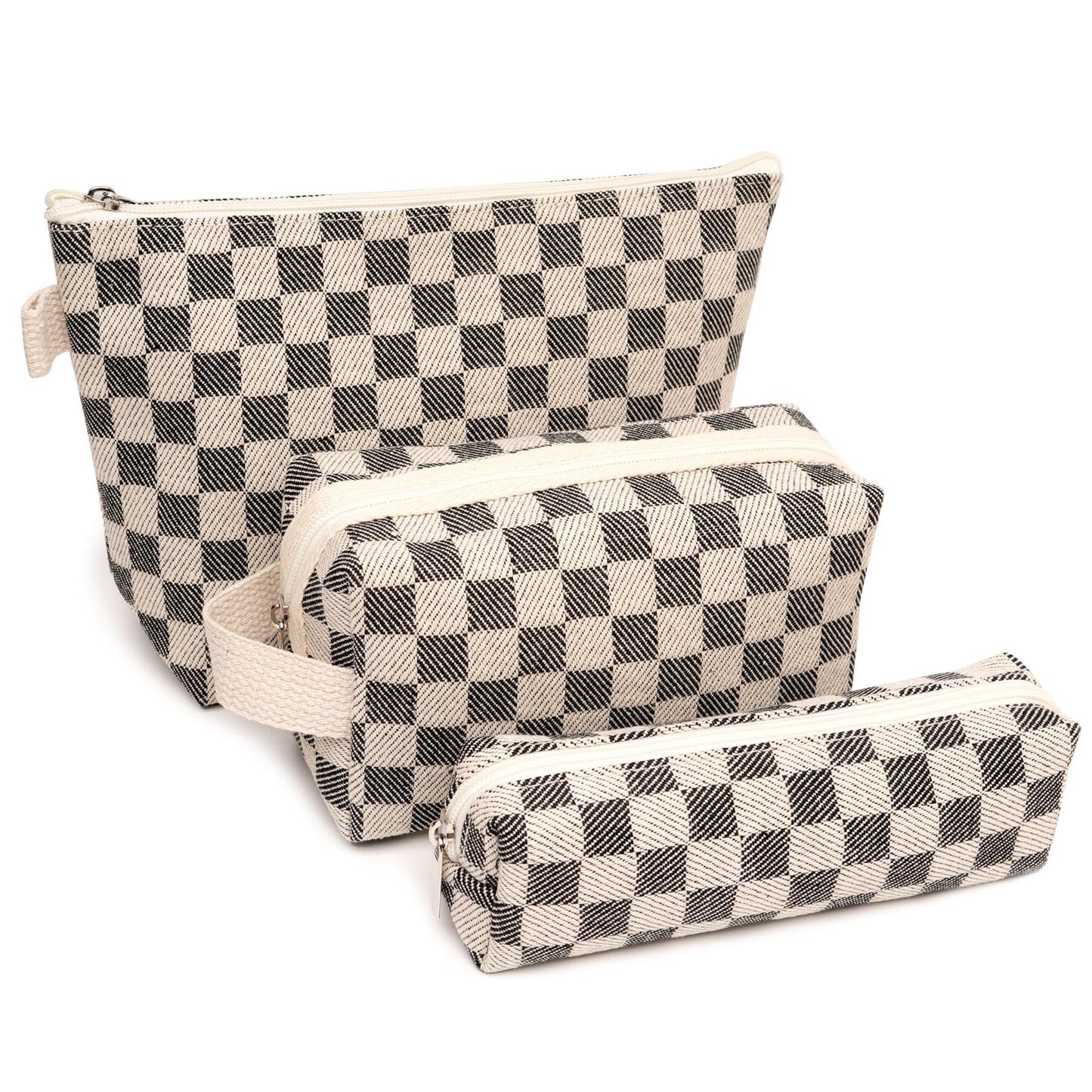 Beayuva 3 Pcs Canvas Makeup Bag Set Checkered Cosmetic Pouch for Women Travel Toiletry Bag Cute Makeup Organizer Purse Pouch Preppy Pencil Case with Zipper (Checkered Black)