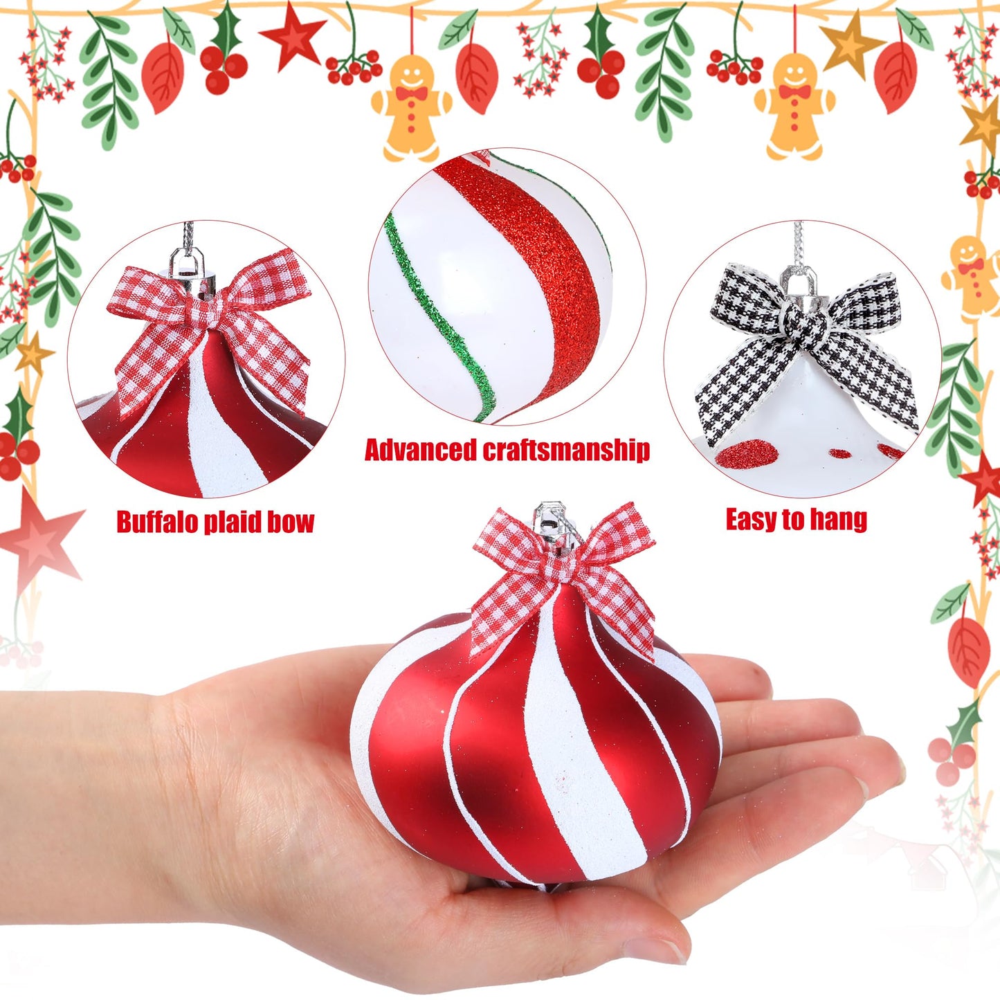 Sggvecsy 12 Pcs Peppermint Candy Ornaments - Candy Cane Balls, Red & White Hanging Stripes - Christmas Tree Ornaments for Xmas Party & Indoor/Outdoor Holiday Home Decorations