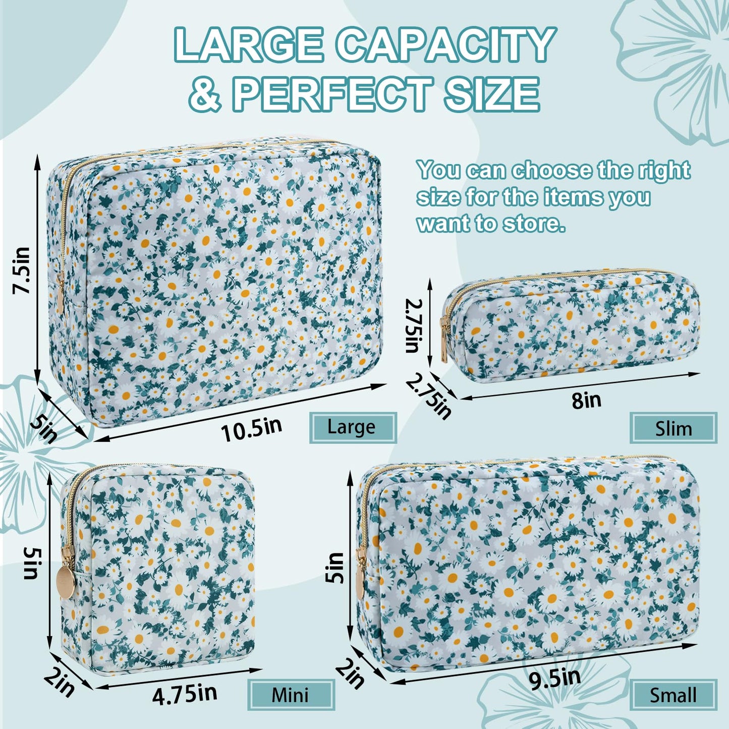 UIXIZQ Waterproof Mini Floral Makeup Bag Pouch for Purse,Nylon Flower Cosmetic Travel Bag Small Preppy Toiletry Organizers Bag for Women Girl,Cute Zipper Pouch Coin Purse for Work(Mini Green-Daisy)