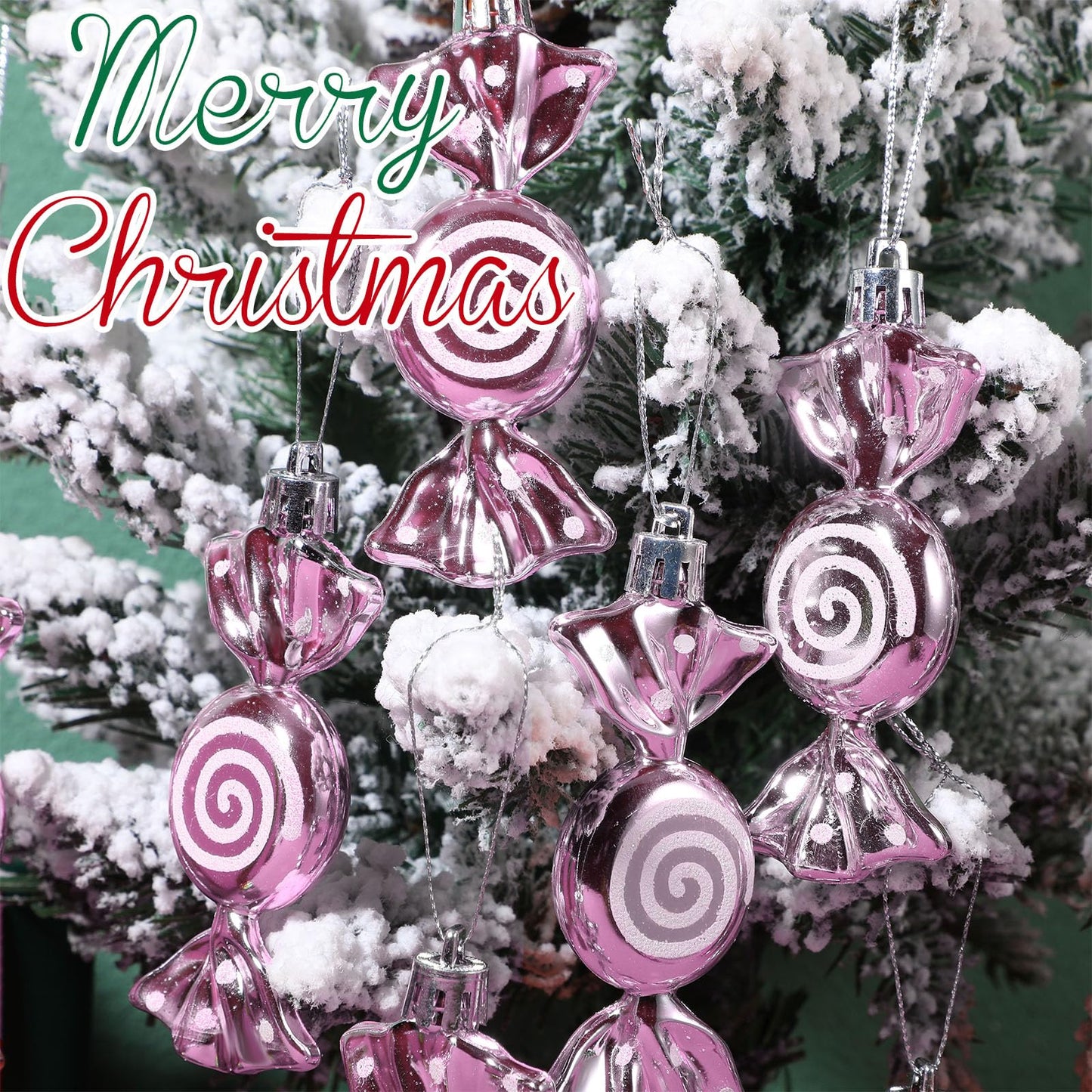 Threan 12 Pcs Christmas Candy Ornaments for Tree Decoration Hanging Glitter Candy Cane Christmas Peppermint Ornament with Golden Rope for Xmas Holiday Decoration(Pink,Plastic)