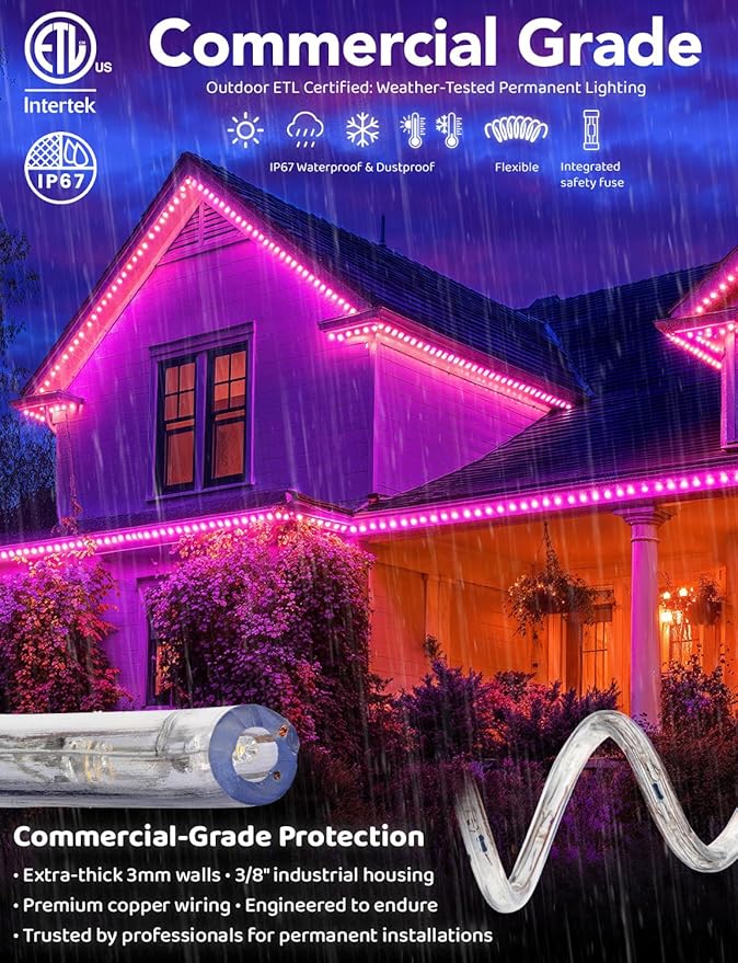 WYZworks 108LEDs 10ft LED Outside Rope Lights, Outdoor ETL Certified Waterproof Permanent 360 Degree Light Emitting, Flexible Tube, Connectable, Christmas Palm Tree Exterior Landscape, Pink