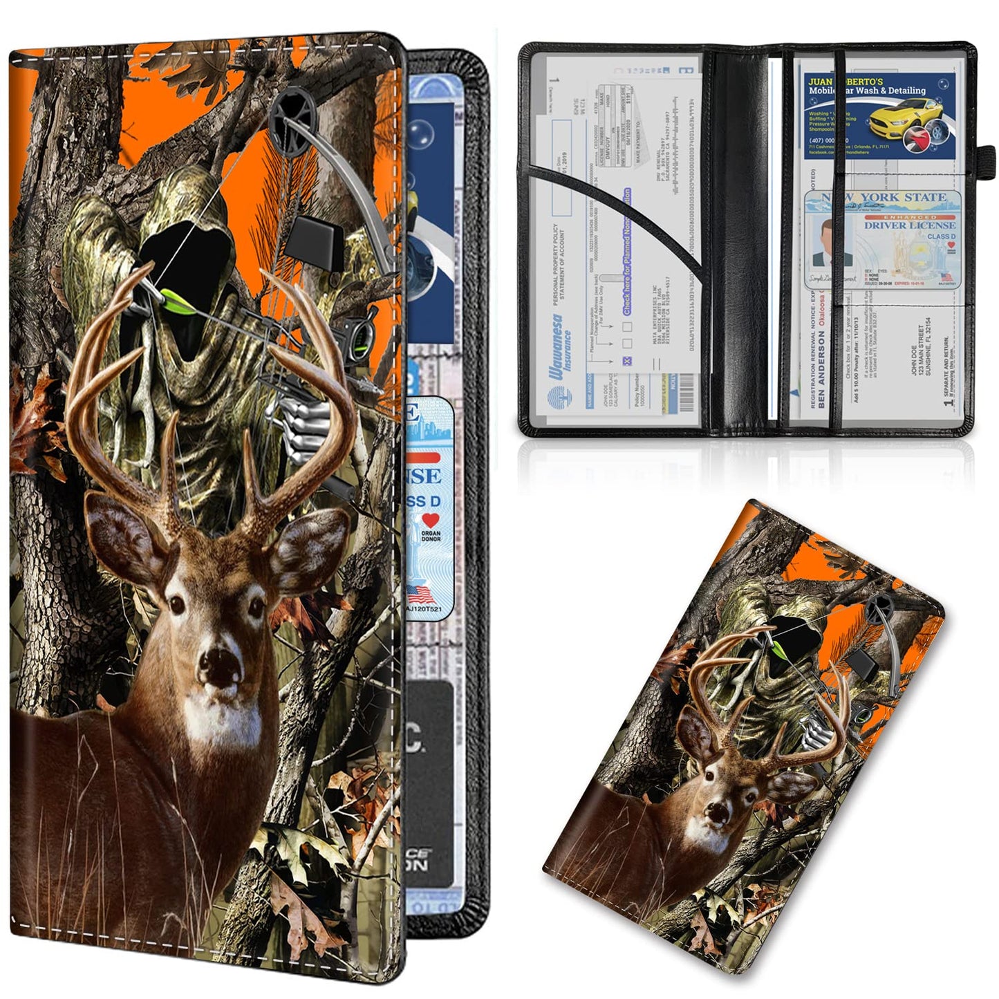 Car Registration and Insurance Card Holder, Premium Leather Vehicle Wallet Cover for Glove Box Car Organizer Drivers License / Cards / ID - Essentials Document Holder, Camo Camouflage Deer Hunter