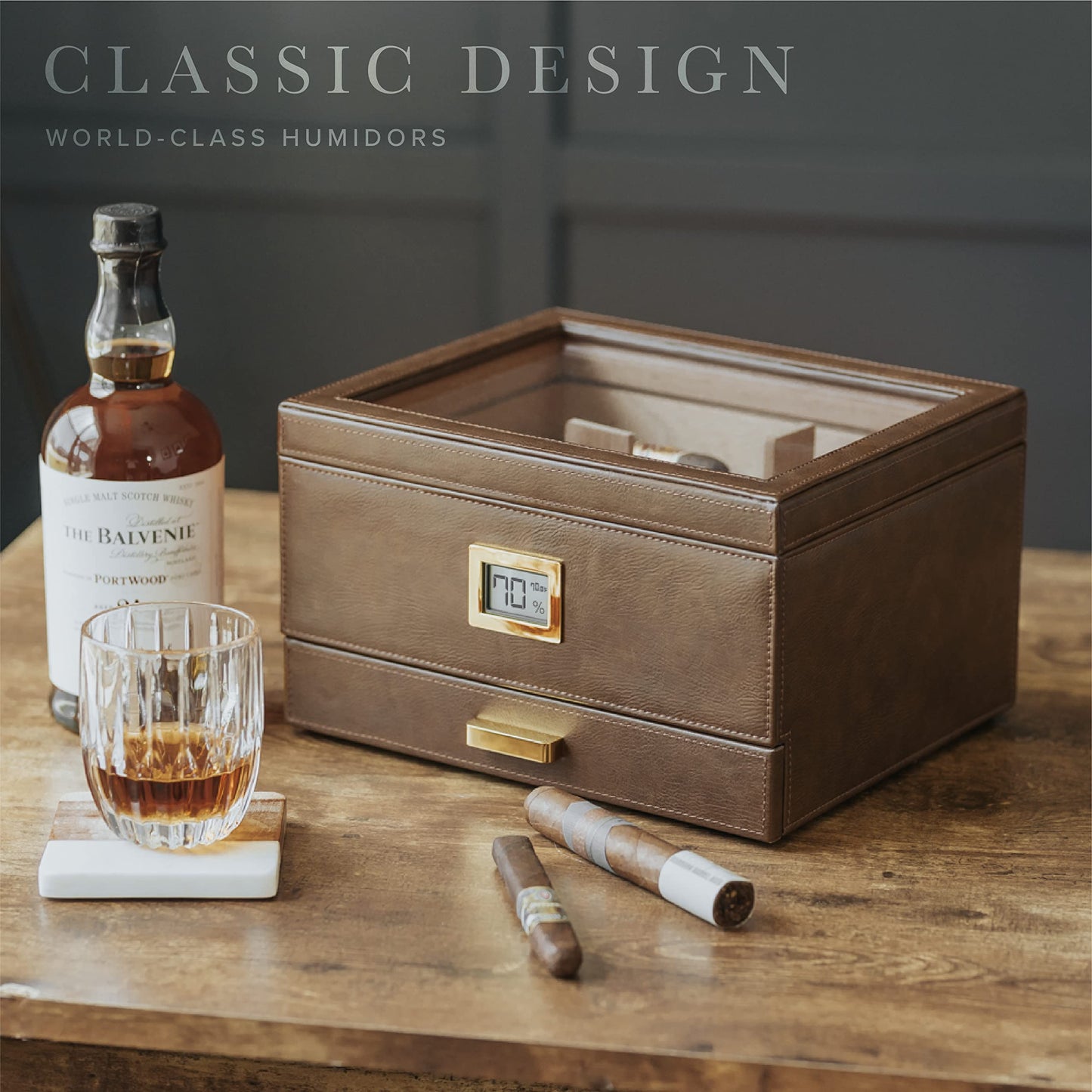 CASE ELEGANCE Belmont Glass Top Humidor Easy Humidification System, Thick Cedar, Accurate Digital Hygrometer, Leather Wrapped, Brown, Holds 30-60 Cigars