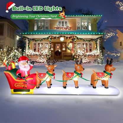 FunFanso 12FT Christmas Inflatables Santa Claus on Sleigh Outdoor Decorations, Blow Up 3 Reindeers Pulling Santa's Sleigh with Gift Boxes, Built-in LED Lights for Xmas Party Decor Yard Garden Lawn