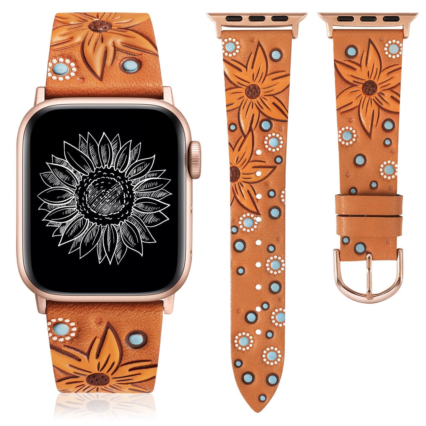 Minyee Leather Band Compatible with Apple Watch Band 41/40/38/44/45/46/49/42mm Women, Boho Western Embossed Sunflower Floral Designer Leather Strap for iWatch Series 11 10 9 8 7 6 5 4 SE/Ultra 3 2 1