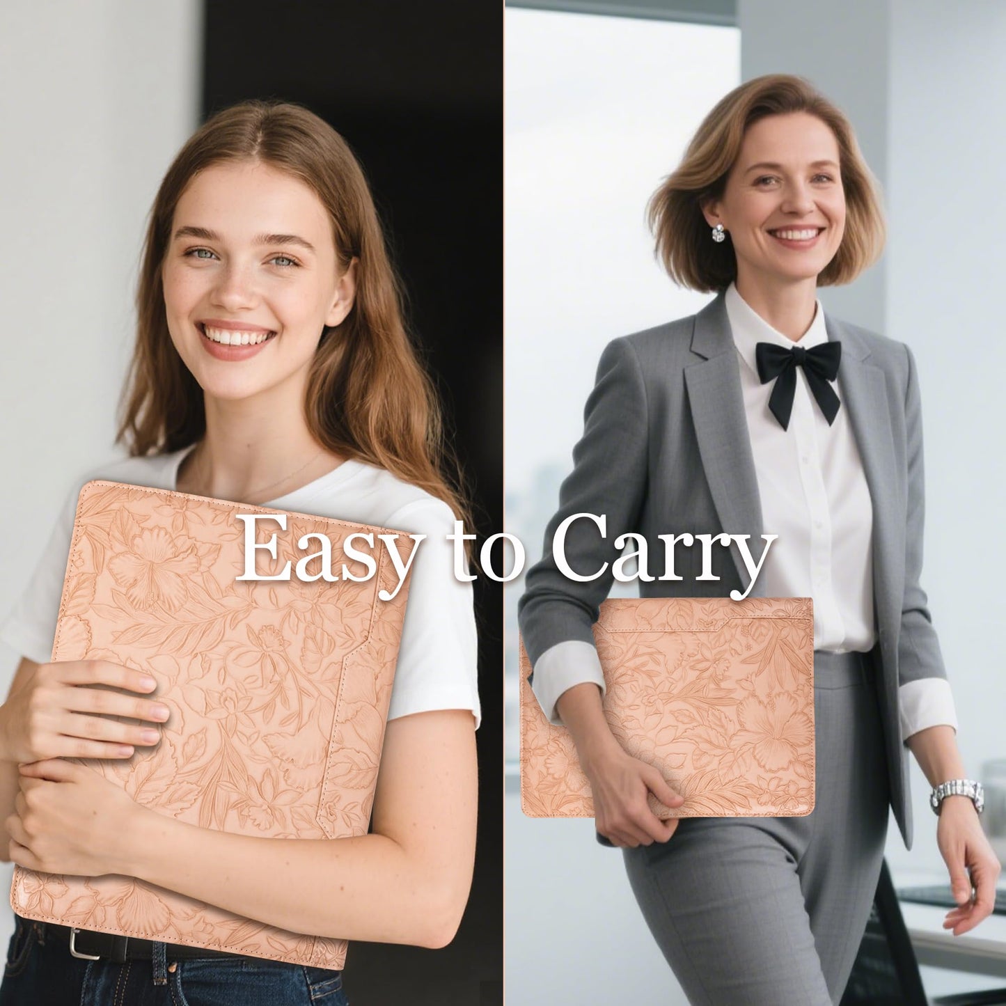 Calfinder Padfolio for Women,Embossed Leather 3 Ring Portfolio Binder,Business Portfolio Organizer with Tablet/Documents Holder,Leather Pink Padfolio Binder for Interview/Office,Valentine's Day Gift