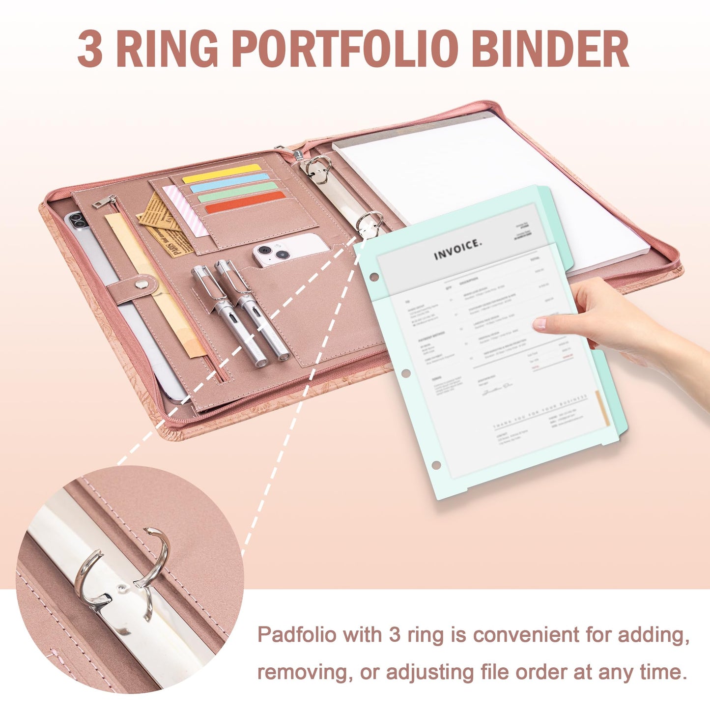 Calfinder Padfolio for Women,Embossed Leather 3 Ring Portfolio Binder,Business Portfolio Organizer with Tablet/Documents Holder,Leather Pink Padfolio Binder for Interview/Office,Valentine's Day Gift