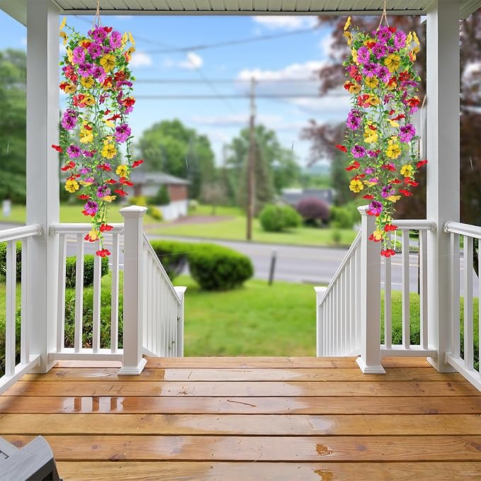 Artificial Fake Hanging Flowers Plants for Outdoor Spring Summer Decoration, 4pcs Faux Silk Realistic UV Sun Resistant Daisy for Outside Porch Patio Window Box Yard Home Decor (Colorful Mix)