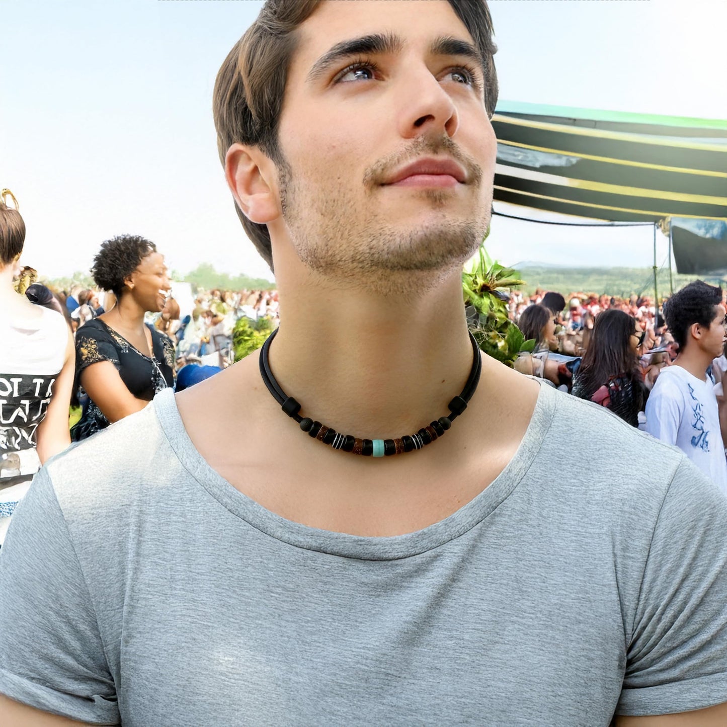 HANA LIMA Leather Necklace – Handmade Adjustable Unisex Jewelry with Coconut Beads and Natural Materials, Boho Surfer Style Necklace with Turquoise Glass Bead – Made in Germany