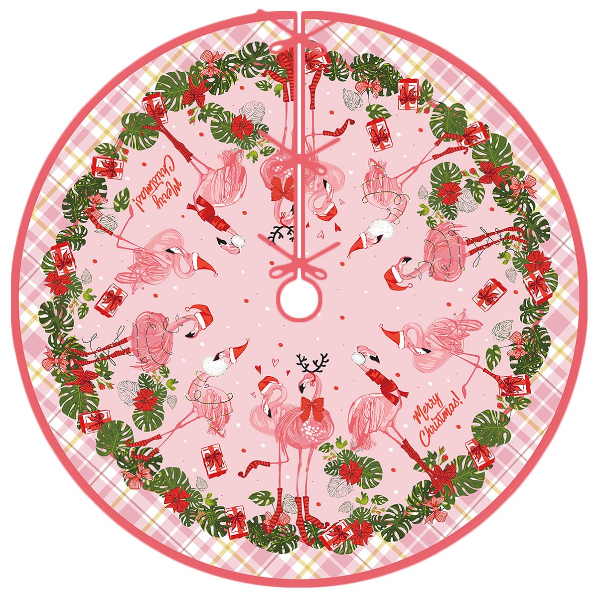 Flamingo Christmas Tree Skirt 48 Inch Beach Christmas Tree Collar Tropical Coastal Hawaliian Christmas Tree Decor Flamingo New Year Xmas Decor Christmas Decorations for Home Party
