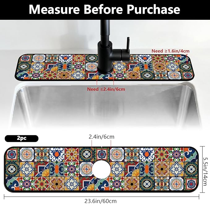 2 Pcs Kitchen Sink Splash Guard Faucet Mats Colored Bohemian Tiles Pattern