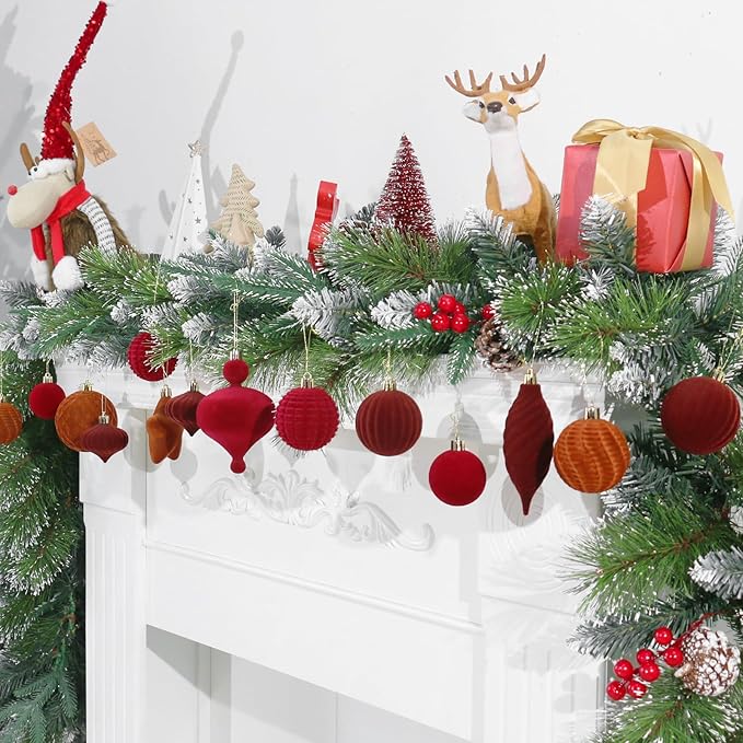 SY Super Bang 30PCS Velvet Christmas Ornaments Set, Flocked Shatterproof Assorted Hanging Xmas Tree Ball Decorations, for Home Party Holiday Decor, Coffee, Burgundy
