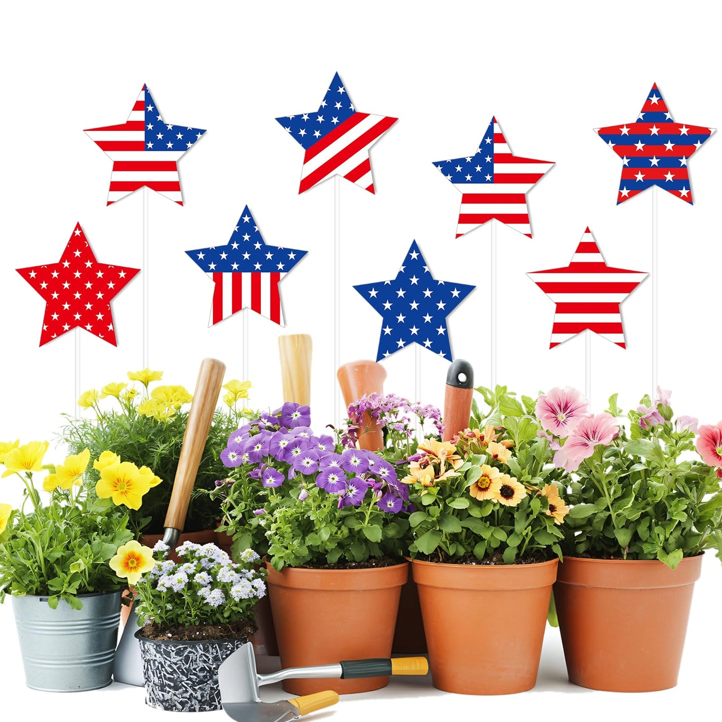 JarThenaAMCS 9Pcs Patriotic Star Metal Planter Stakes 4th of July Decorative Garden Stakes Star and Stripes Yard Sign for 250th Anniversary Planter Pot Walkway Lawn Independence Day Decor
