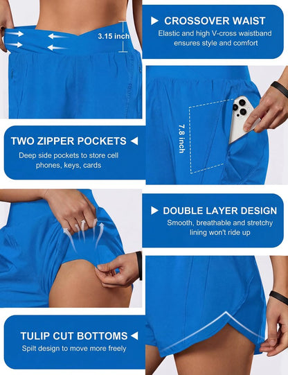 Blooming Jelly Women's Workout Shorts Athletic Running Crossover High Waisted Gym Sport Yoga Shorts with Zipper Pockets (Blue,Small)